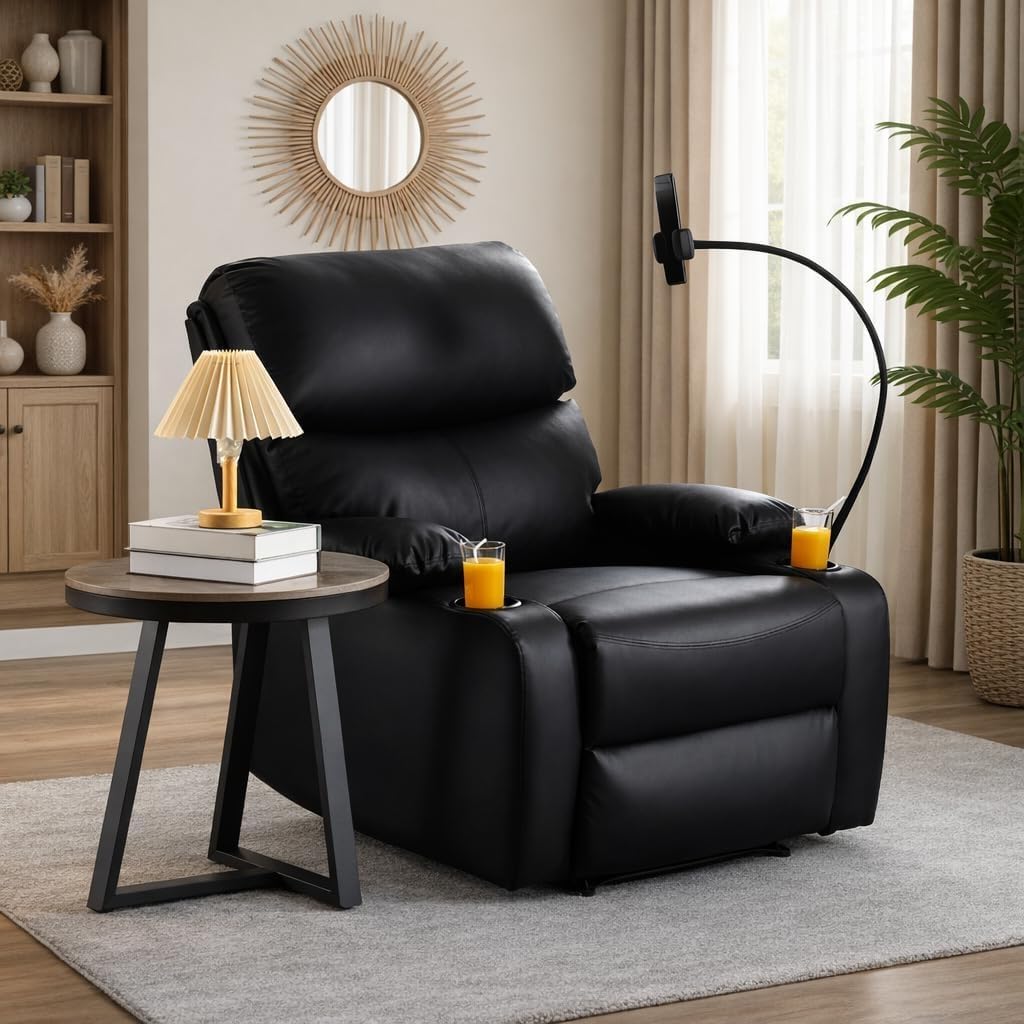 Recliner Chair, Oversized Reclining Chair with Phone Holder &amp; 2 Cup Holders, Leather Wide Rocker Chair for Adults, Single Reclining Sofa Recliner for Living Room, Office, Theater Seating