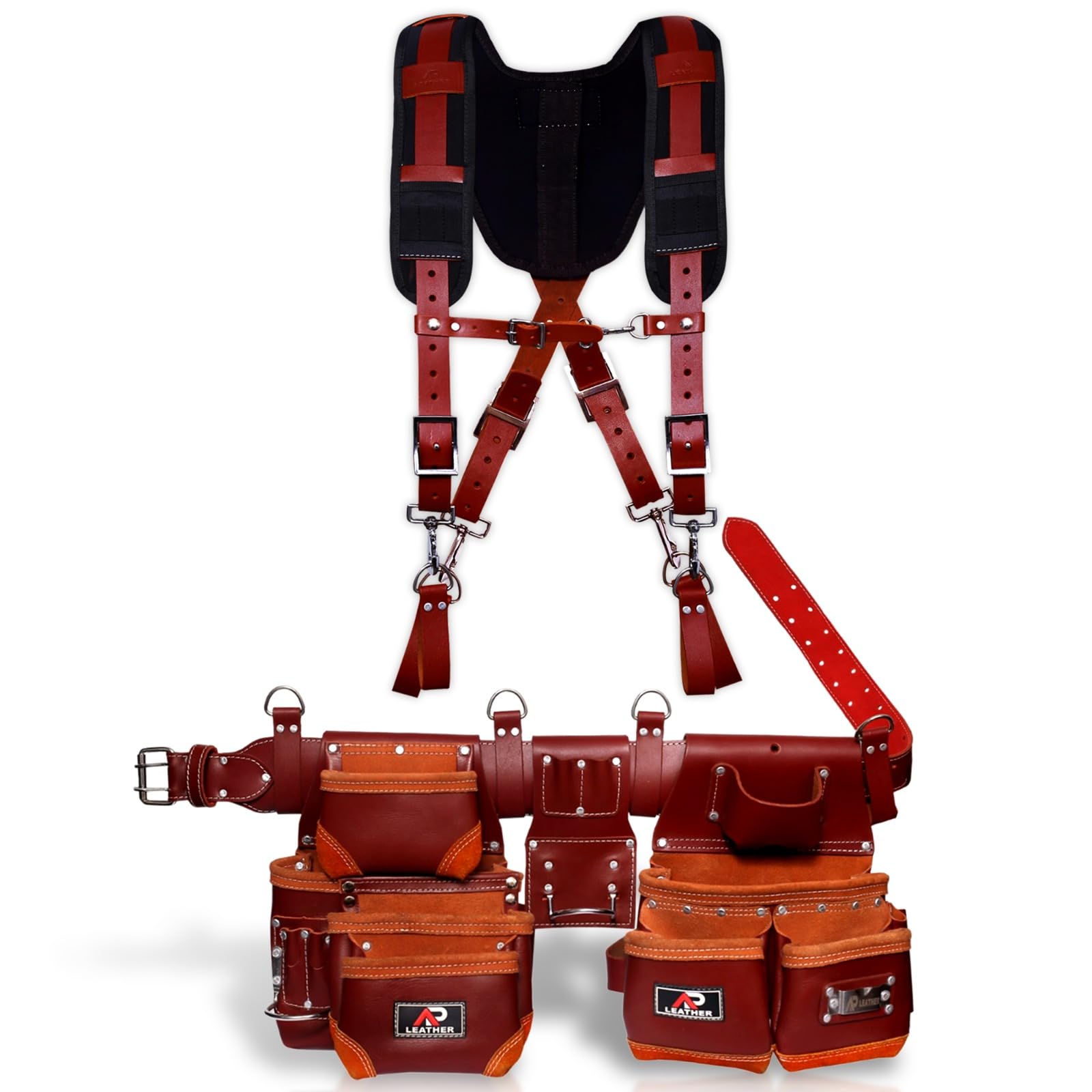 Ap-Leather Real cowhide oil tanned Leather Tool Belt/pouch/framer Set for Men/women Carpenters, Framers, Electricians, Gardeners & Construction Work with 26 Pockets. (Tool Belt with Suspender)