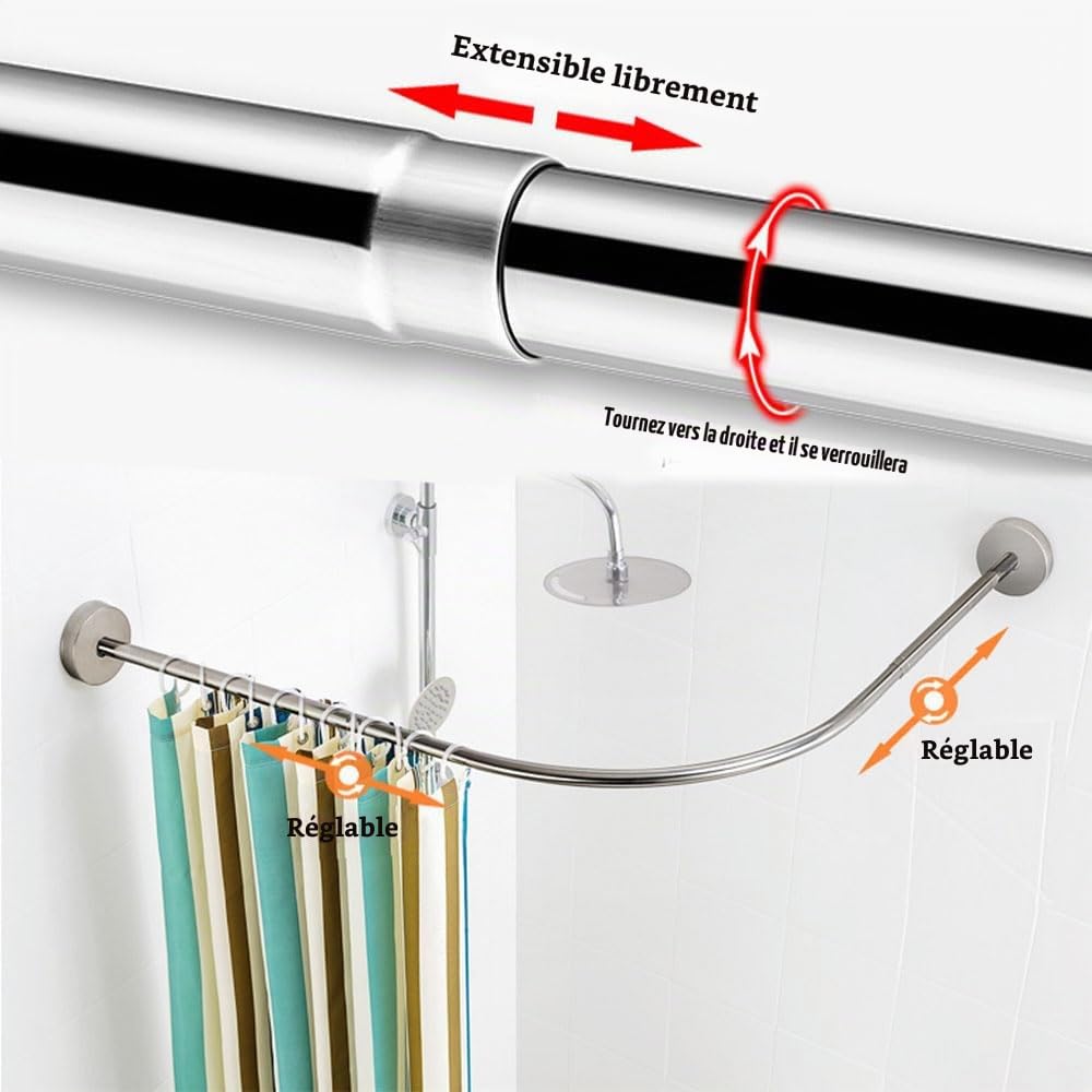 Tringle de Douche en L en Acier Inoxydable 304, Barre Rideau de Douche d’Angle Ajustable, Installation Sans/Avec Perçage, pour Salle de Bain, 75–95 cm x 75–95 cm