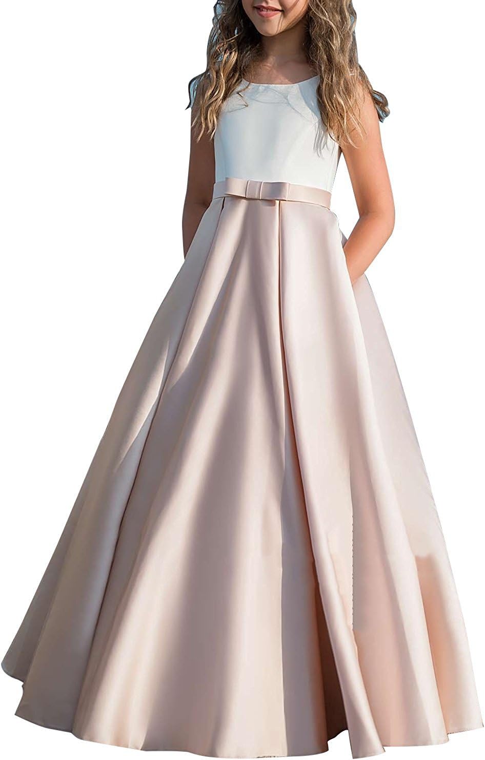 Long Junior Bridesmaid Dress 7-16 Blush Prom Dresses for Girls Satin Floor Length White