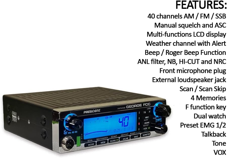 President George FCC CB Radio front view with blue LCD display