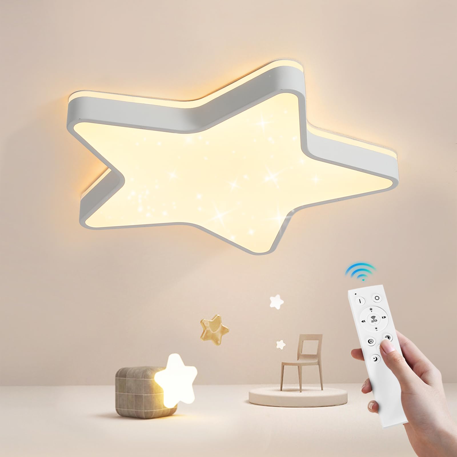 Lámpara de techo LED, efecto de luz brillante de estrella, Luz de techo de estrella de cinco puntas, 36W Ø45 cm, 3600Lm, Regulable con control remoto, para guardería, habitación infantil y dormitorio