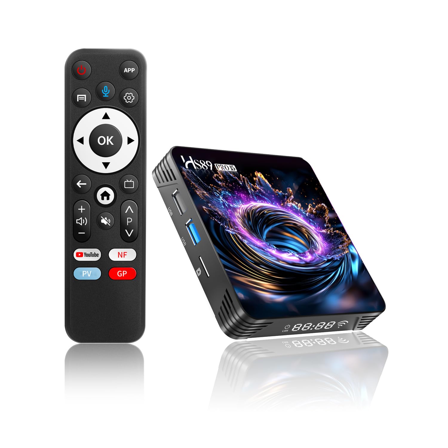 HS89 PRO15 TV Box Android 14.0 4K 8K HD Android Box 4GB 32GB RK3539 Quad-Core 64bit Wi-Fi 6 Dual Band 2.4G/5G 10/100M Ethernet Bluetooth 5.4 USB2.0 HDMI, Smart Client Streaming con Telecomando Vocale