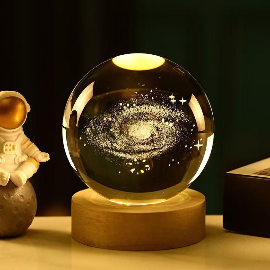 3D Laser Engraved Crystal Ball Decor, Multiple Designs,USB-Powered with Warm Yellow Lighting, Home Room Decor Led Night Lamp, for Gifts & Home (Milky Way)