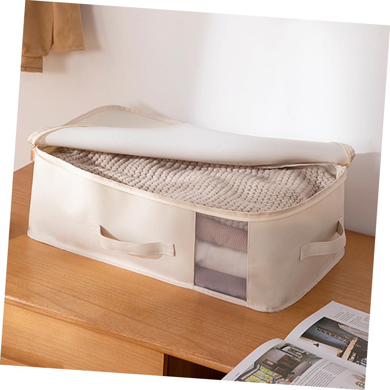 VICASKY Contenitore Pieghevole Sottoletto per Coperte Beige Grande | Oxford Cloth, Rete in Nylon e Pe, Apertura Zip, Facile da Spostare, per Vestiti e Giocattoli