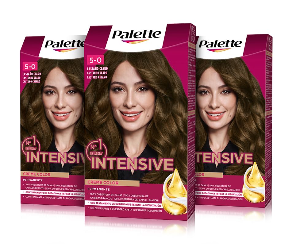 Palette Intensive Creme Color 5-0 Castaño Claro, tinte de pelo permanente con aceite de macadamia y almendras, cubre el 100% de las canas y raíces, para un color radiante, Pack 3