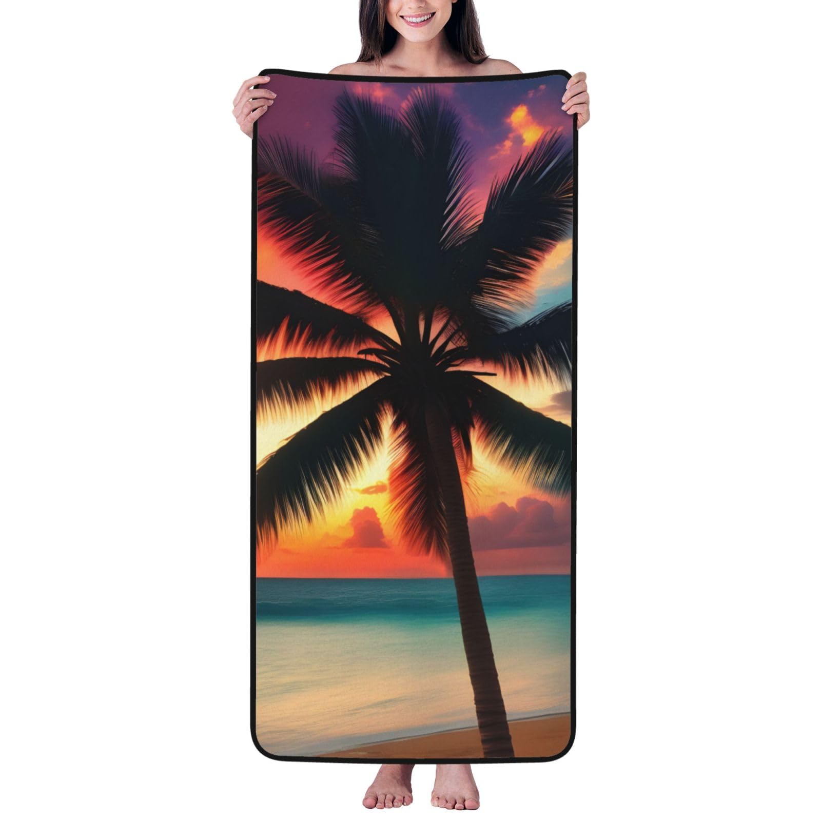 Nimongt Unisex Black Tropical Beach Palm Tree Sunset Print Lightweight Comfort Coral Velvet Bath Towel Home Bathroom Hotel Spa Beach Travel