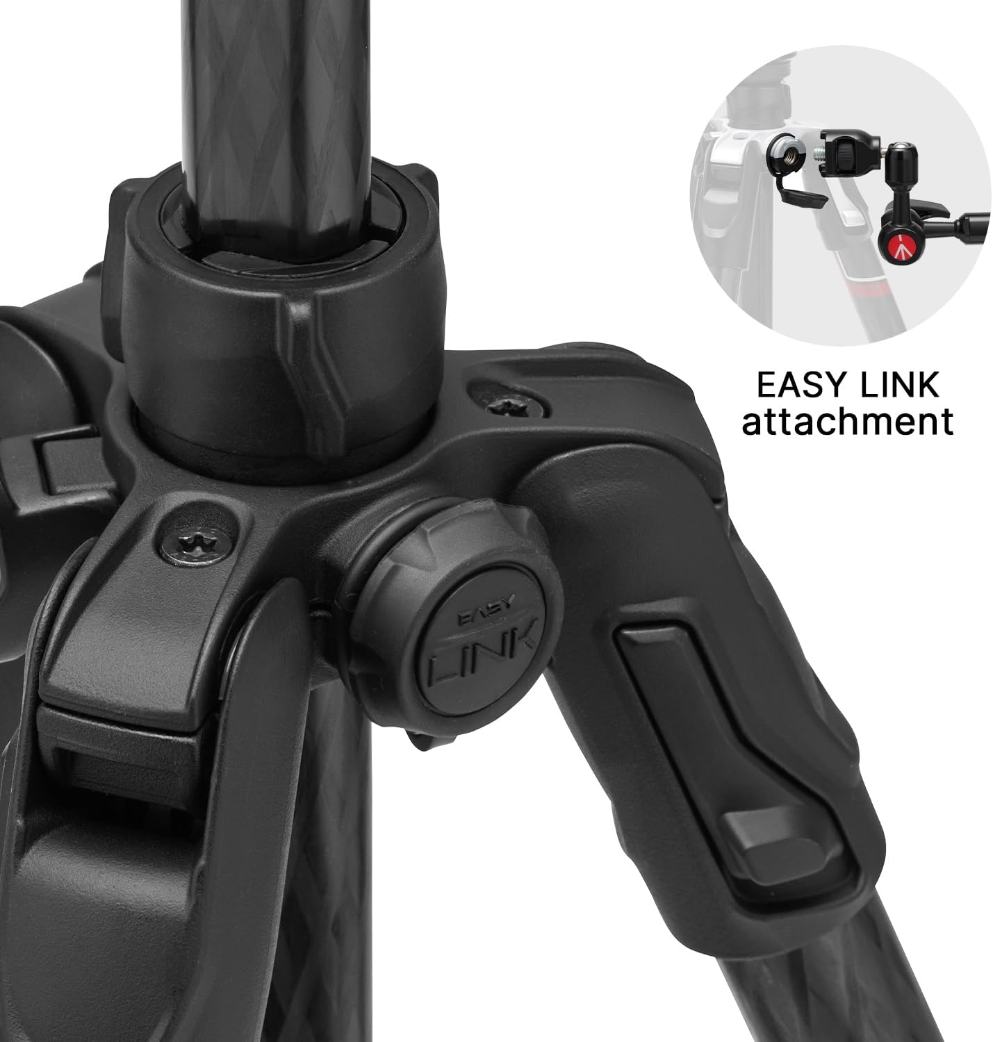 Close-up of the Easy Link attachment on Manfrotto Befree GT PRO tripod legs