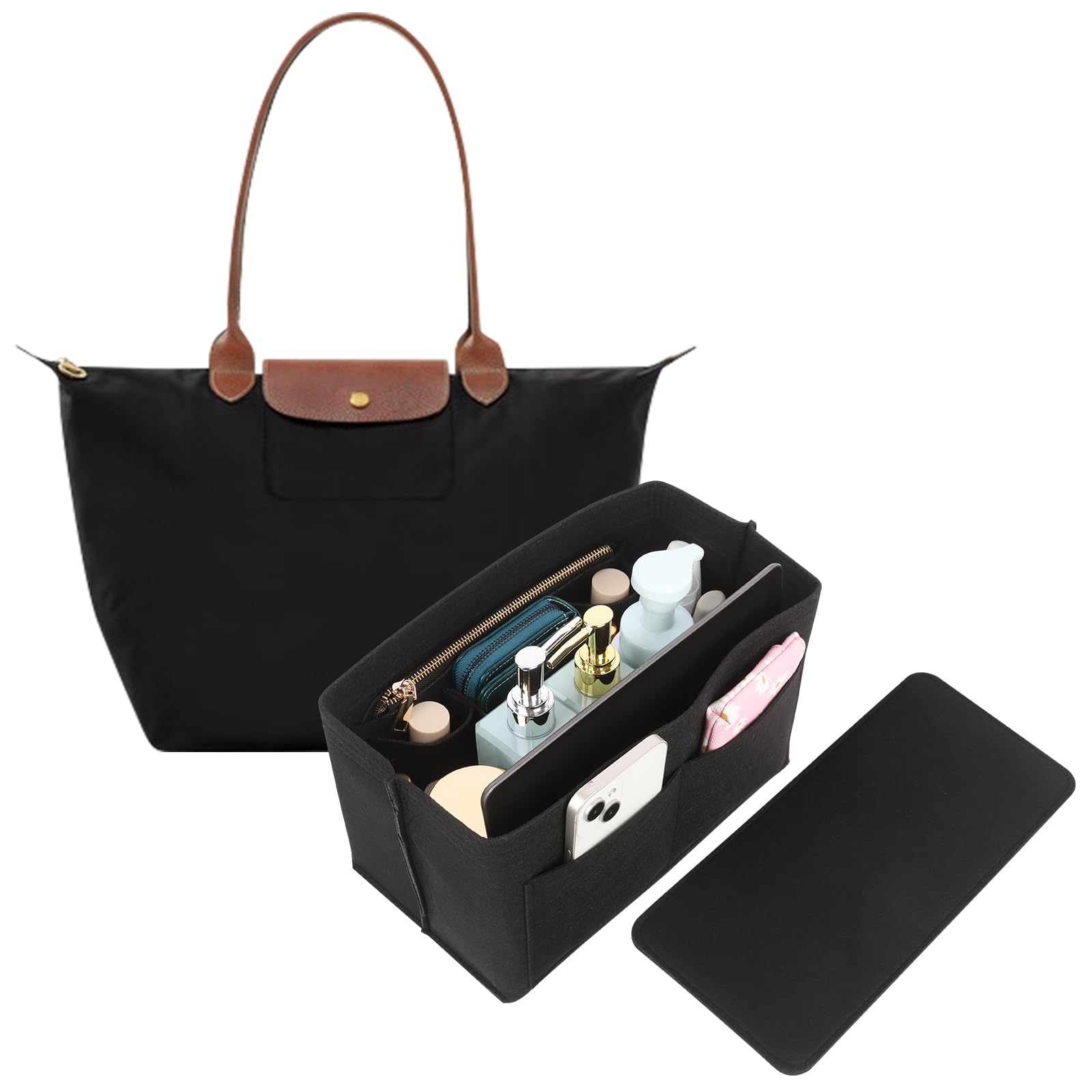 Bomiclss Organiser Insert for Longchamp Le Pliage Felt Tote Bag Organiser with Zipped Pocket & Multiple Compartments for Travel & Work Black (28x15x17cm)