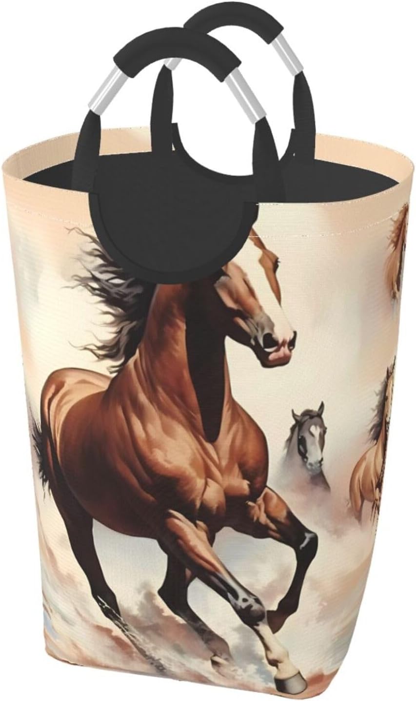 Prancing Brown Horse Foldable storage bag, 50L capacity, suitable for laundry room, dormitory bedroom, dirty clothes storage basket.
