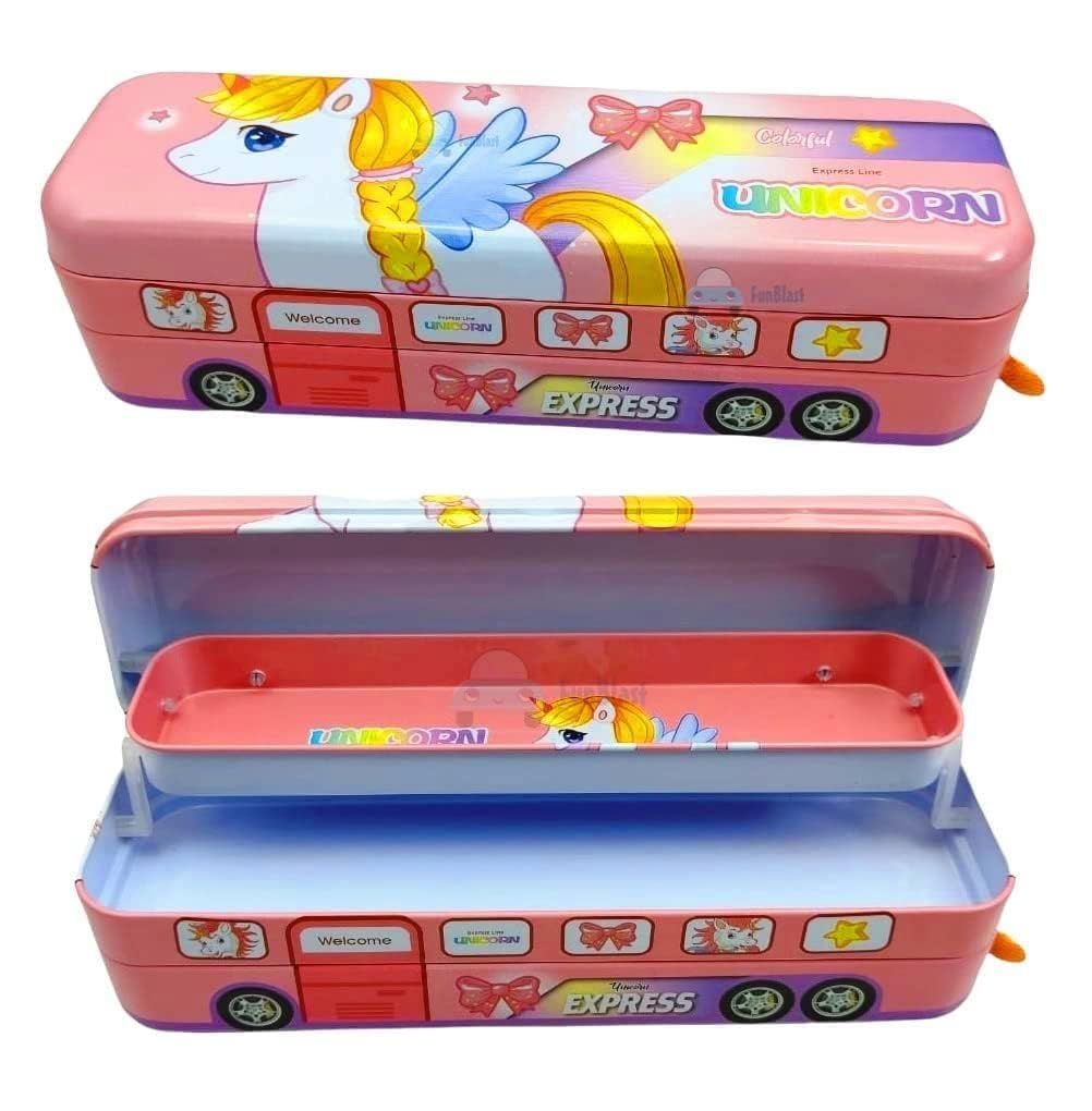 JAPSI Unicorn Design Double Decker Bus Pencil Box, Metal Case with Wheels, Pink 3