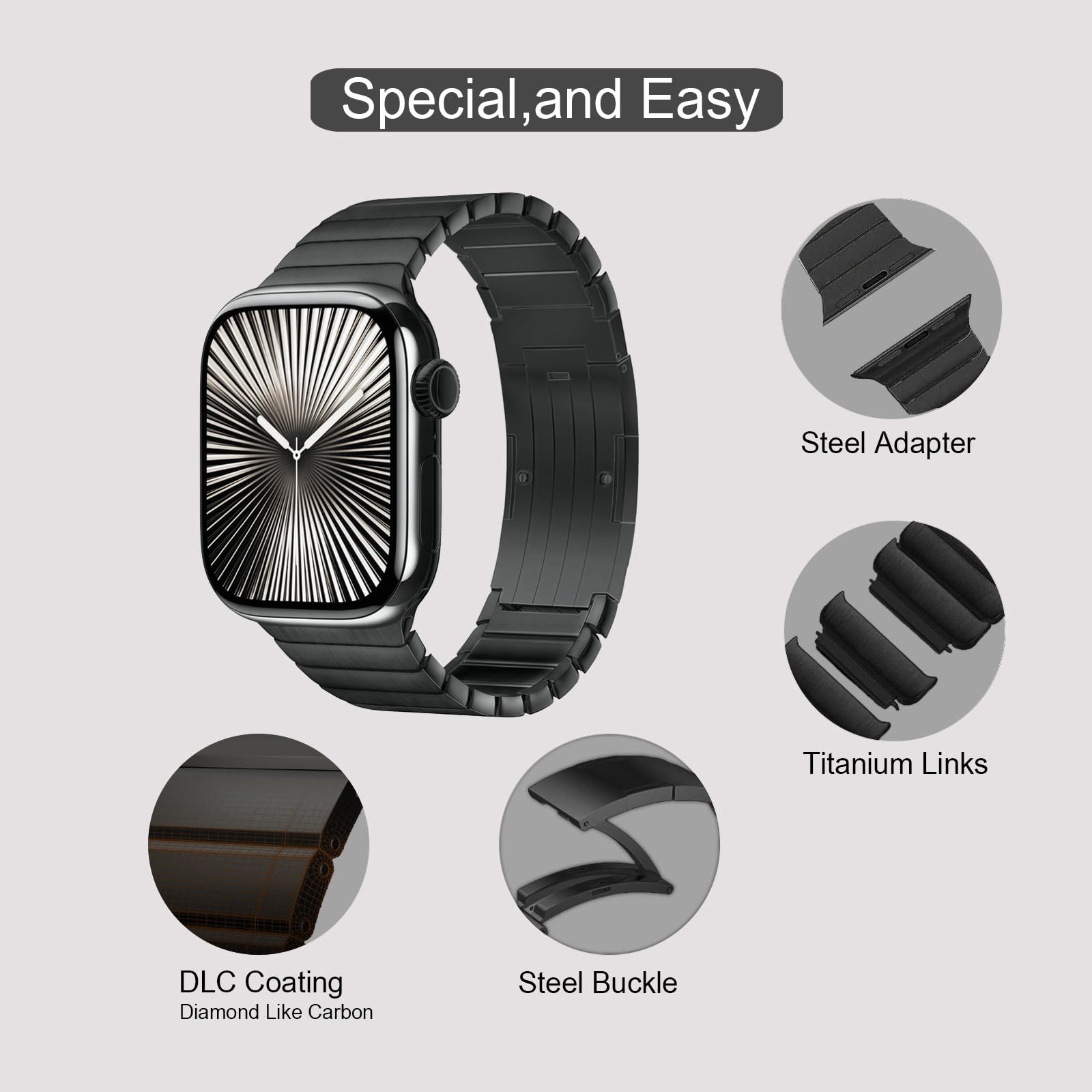 Bracelet Titane Apple Watch 11/10, Ultra 3, SE, Maille Courbe DLC