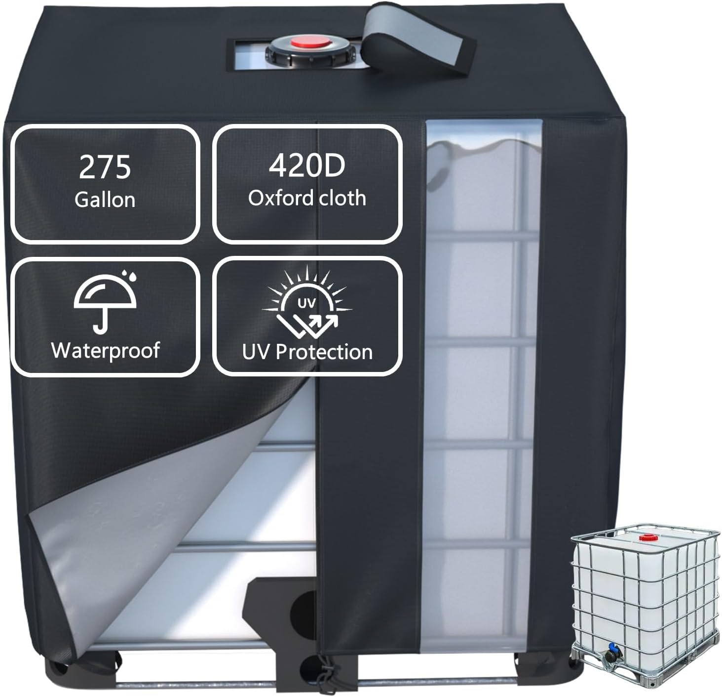 IBC Tote Cover - Heavy Duty 420D Silver Coated All-Weather Waterproof Oxford with UV Protection, Fits 1000L & 275 Gallon IBC Container & Rain Barrel for Outdoor Dust, Sun, Rain Protection