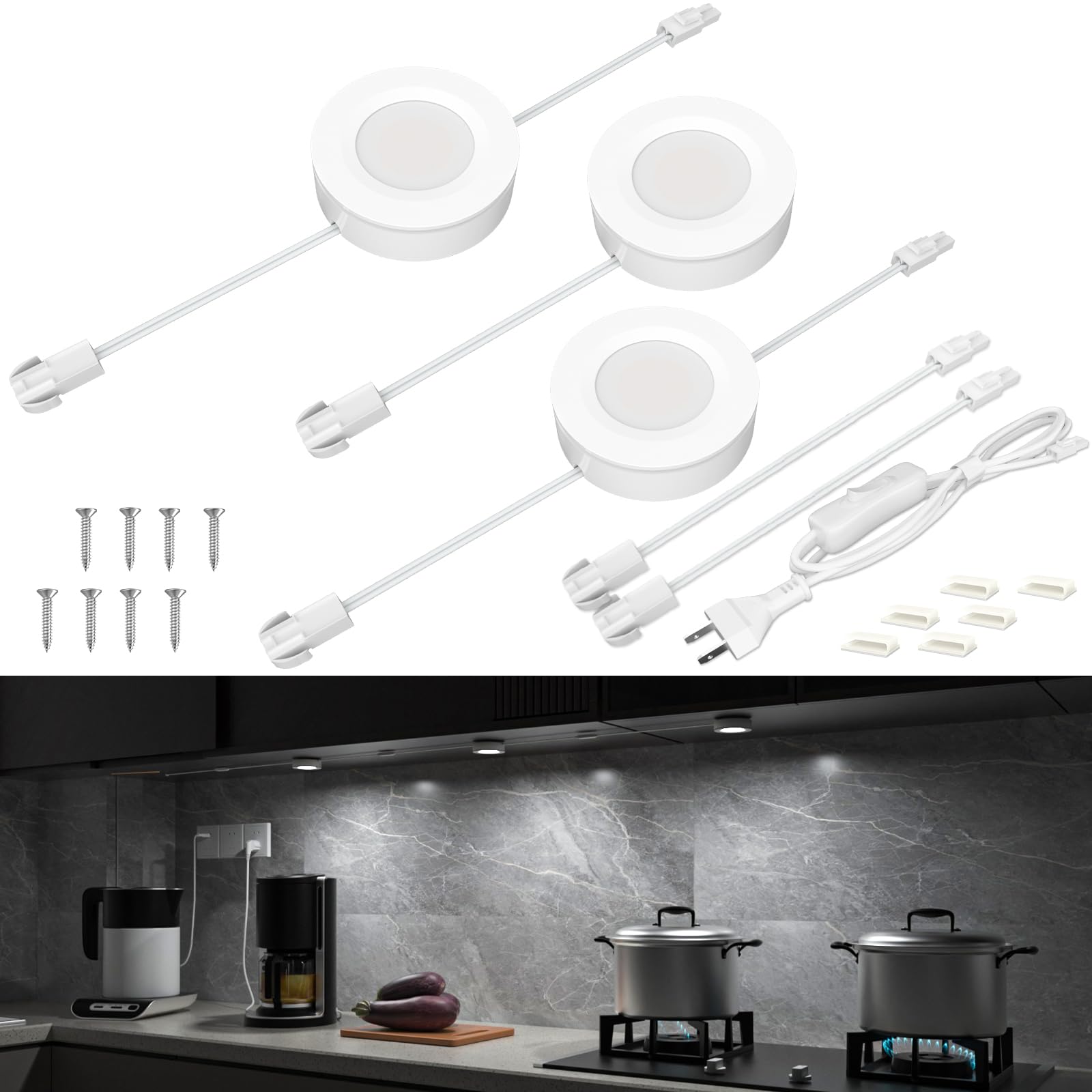 Luces cableadas para debajo del gabinete, luces LED enlazables con interruptor, iluminación debajo de la encimera para cocina, escaparate, estantería, empotrado y enchufe de pared, blanco 6000