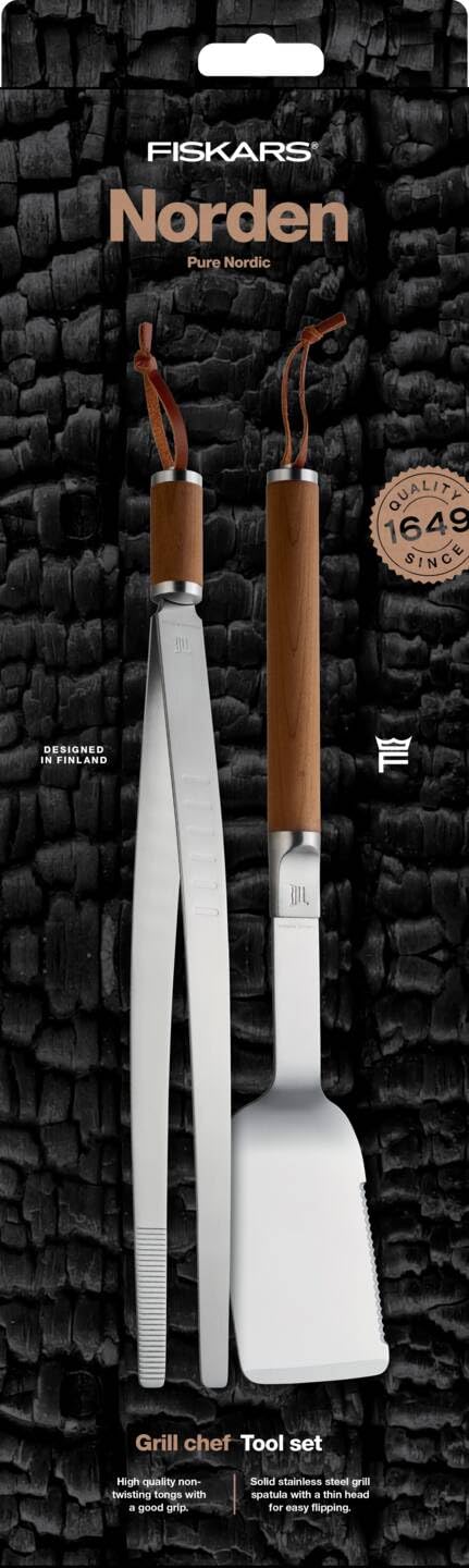 Fiskars Norden Grill Chef Grillbesteck, 2-teiliges Set, Spatel und Zange | Ideal für die Verwendung im Freien, Edelstahl/Birkenholz, 1066552