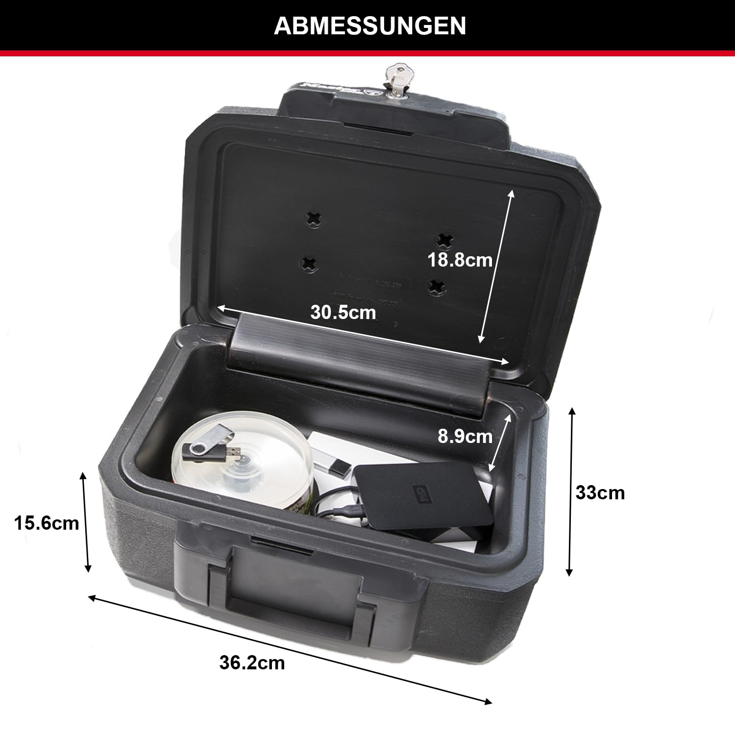 Master Lock Tresor Feuerfest und Wasserdicht mit Schlüssel, Dreifacher Schutz - Flug, Feuer und Flut, 4.9L, 15.6 x 36.2 x 33 cm