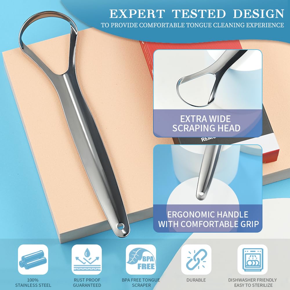 VIWIK Paquete de 6 raspadores de lengua de acero inoxidable, sin BPA, fácil de usar, suave con la lengua, promueve el aliento fresco y la higiene bucal, duradero, resistente al óxido, adecuado para