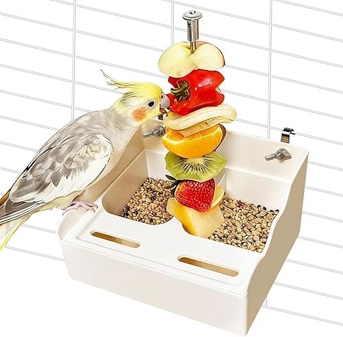 No Mess Bird Feeder for Cage with Vegetable and Fruit Holder, Automatic Parrot Feeder Cage Accessories, Food Bowls for Small Parrots Canary Parakeet Budgies Conure Cockatiel Lovebird