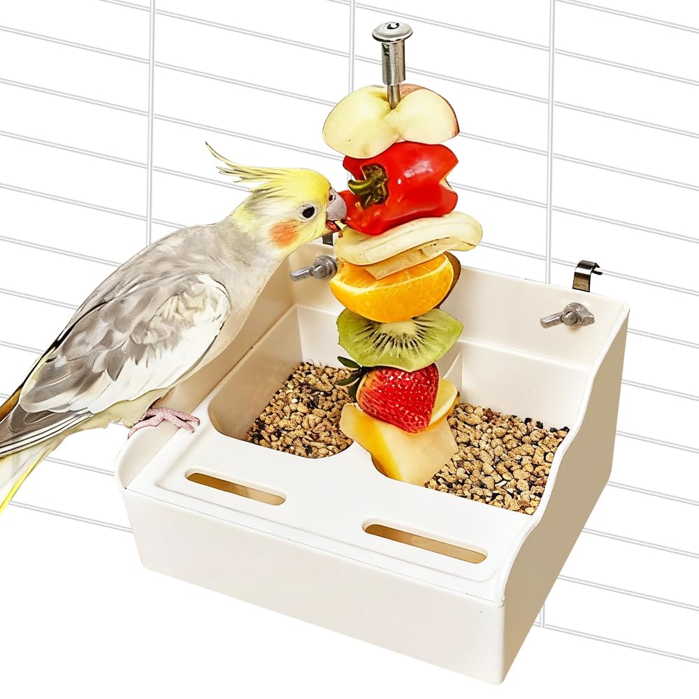 No Mess Bird Feeder for Cage with Vegetable and Fruit Holder, Automatic Parrot Feeder Cage Accessories, Food Bowls for Small Parrots Canary Parakeet Budgies Conure Cockatiel Lovebird