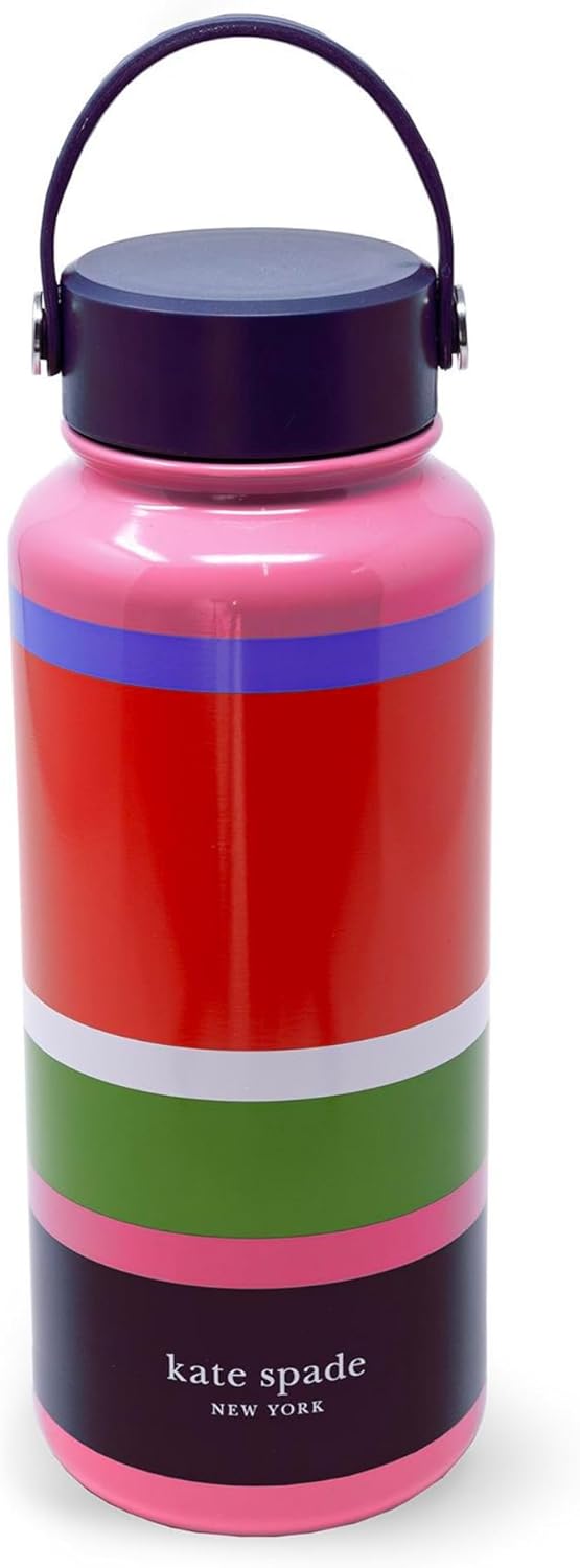 Kate Spade New York Large Insulated Stainless Steel Water Bottle, 33 Ounce Metal Water Bottle, Double Wall Travel Tumbler with Lid (Sunny Day Stripe)