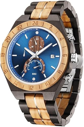 WASTIME Reloj de madera para hombres y mujeres, elegante cronógrafo, militar, casual, calendario, relojes de madera