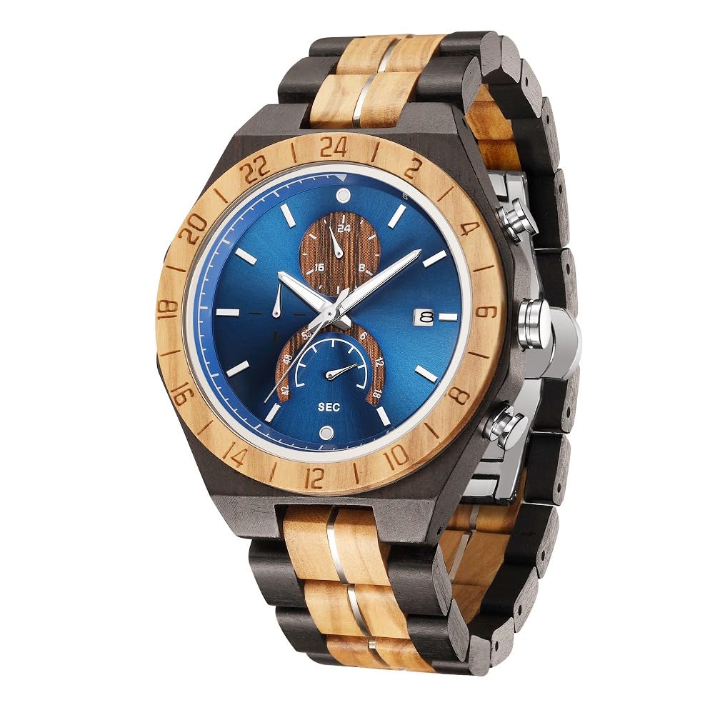 WASTIME Wooden Watch for Men Women, Stylish Chronograph Military Casual Calendar Wood Watches