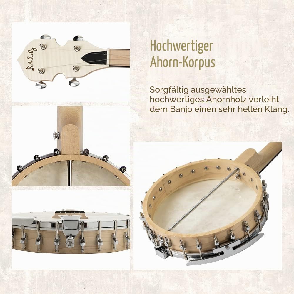 Mulucky 5-saitiges Banjo, volle Größe mit 24 Klammern, offener Rücken, Ahorn-Banjos mit Remo-Kopf, fünfter Tuner mit Getriebe, Geschenkpaket mit Anfänger-Kit – MB1101