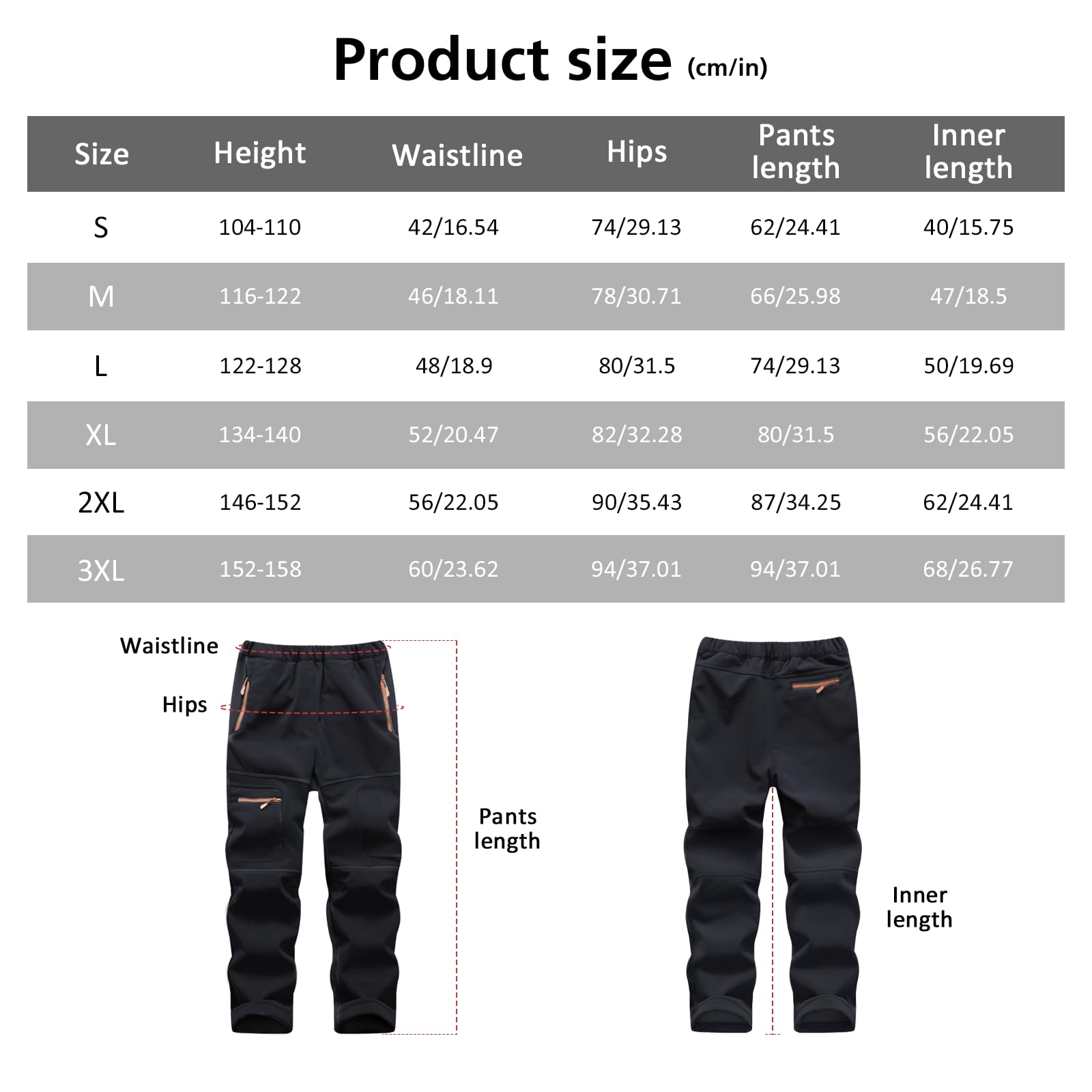BWBIKE Kids Pantalones Cortavientos Impermeables para Nieve para Niño Forro Polar para Jóvenes al Aire Libre Lind Hiking Softshell Pantalones Cálidos con Aislamiento con 4 Bolsillos con Cremallera