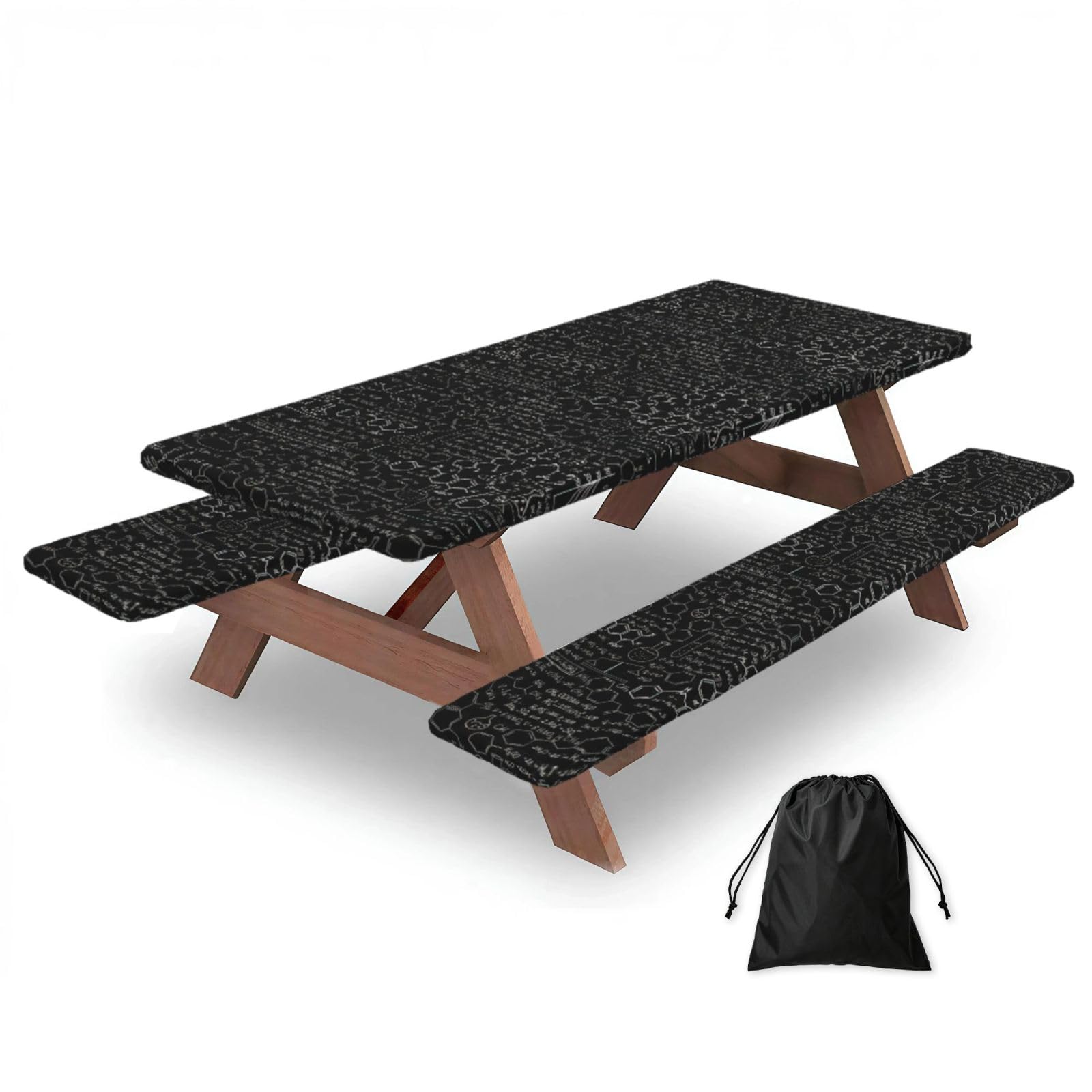 Yqxwjl Black Abstract Science Chemistry Illustration 3D Print Camping Essentials Waterproof Camping Table And Bench Cover With Drawstring Bag 183 Cm
