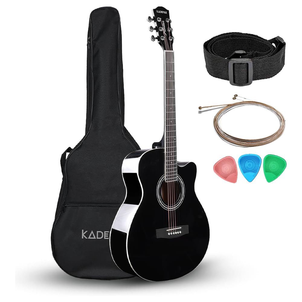 Kadence FNTR-BLK Frontier 40" Acoustic Guitar | Grand Auditorium Cutaway | Comes with Bag, Set Of Strings, Strap, Picks | Includes Learning Course | Glossy Black