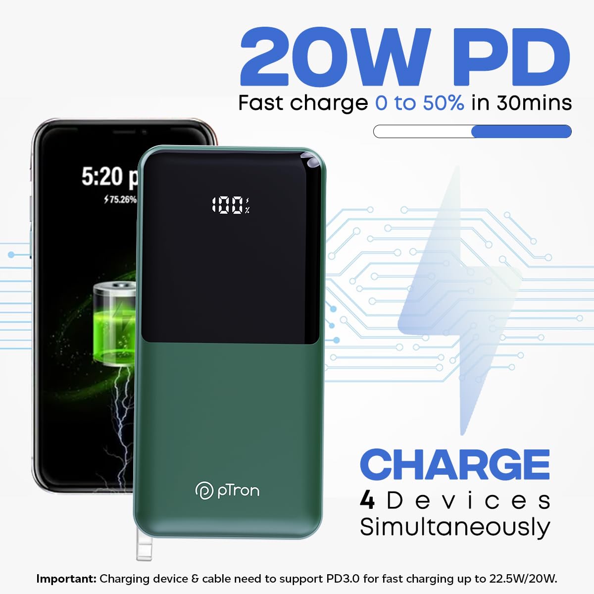 pTron Dynamo Ultra 20000mAh Power Bank, 22.5W Superfast Charging, Compact Size, Type-C/PD 20W Fast Charging, Supports VOOC/Wrap/Dash/Quick Charge Protocols, 3 Output Ports, Type-C Input/Output (Black) 2
