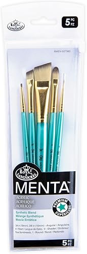 Royal & Langnickel Menta - Juego de 5 pinceles angulares variados para pinturas acrílicas, incluye pinceles angulares, filbert, sombreador y redondos
