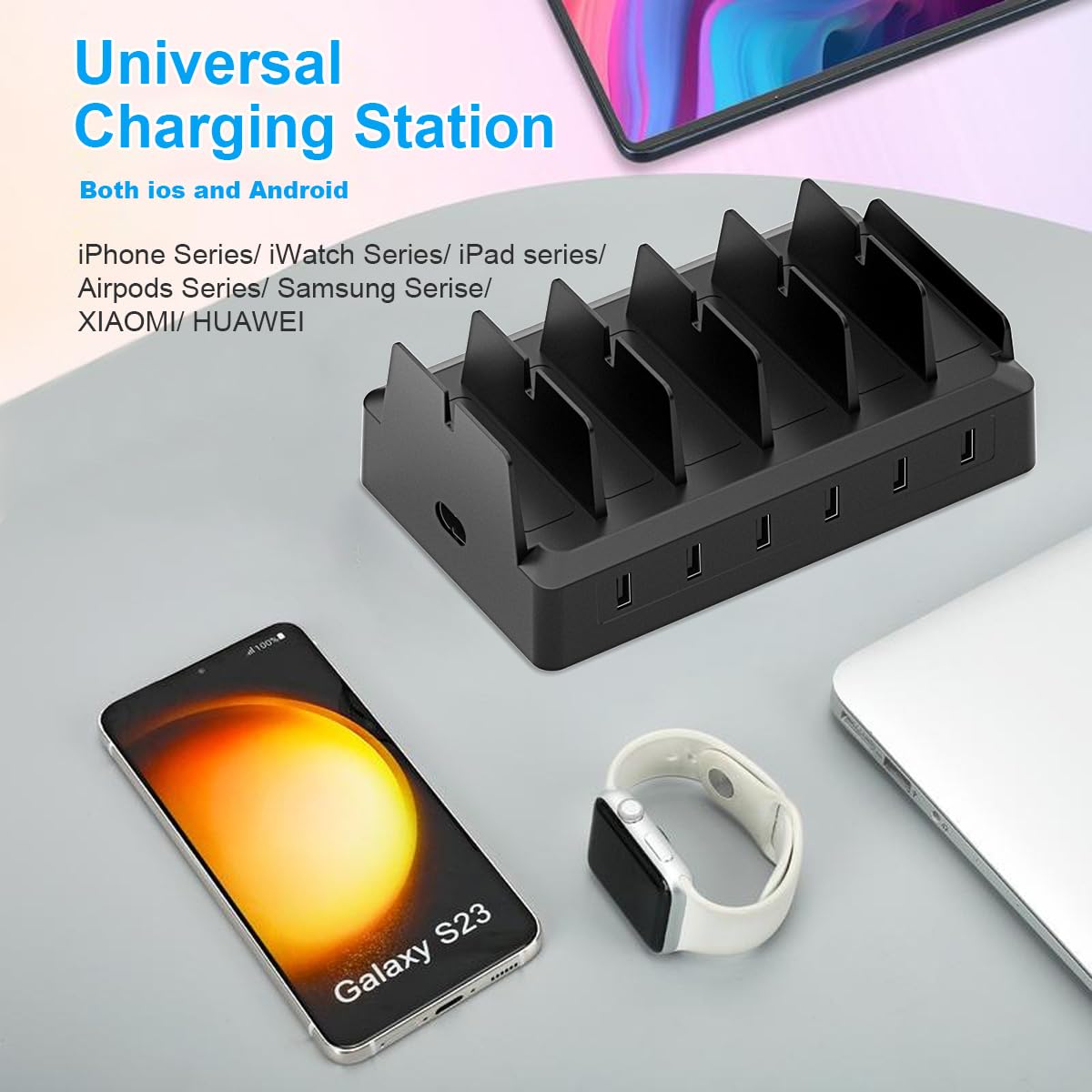 Stazione di ricarica per più dispositivi, 6 stazioni di ricarica con materiale ignifugo e 6 cavi per Apple, Android, iPad, scrivania da ufficio dock organizer (nero)