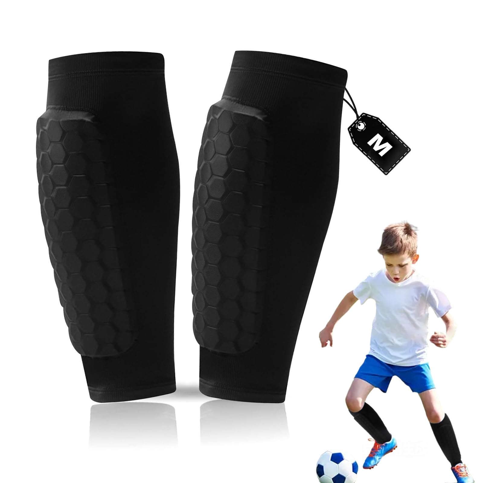 Shin Pads, Football, Shockproof, Shin Pads, Football, Men's Non-Slip & Breathable Nylon Design, Elasticity Shin Pads, Football for Men and Women (Black-M