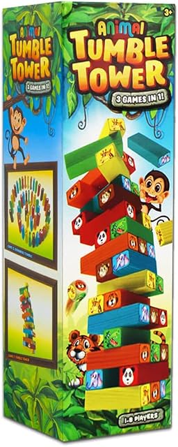 Cathys Candy Cart Animal Tumble Wooden Tower Stacking Balancing Game In Bright Colours, Family Fun for 1 - 8 Players. 4 Games In 1. Stocking Filler,, Birthday Gift, Party Game Prize, Multicolor, 24
