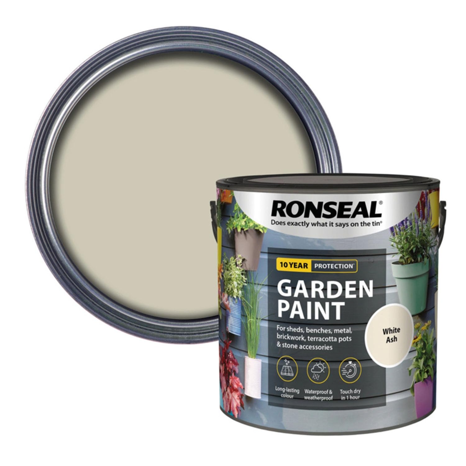 ARUUJ Garden Paint - Multipurpose 2.5L Colour & Protect for Exterior Wood, Sheds, Benches, Metal, Brickwork, Pots - Waterproof Outdoor Fence and Garden Furniture (White Ash)