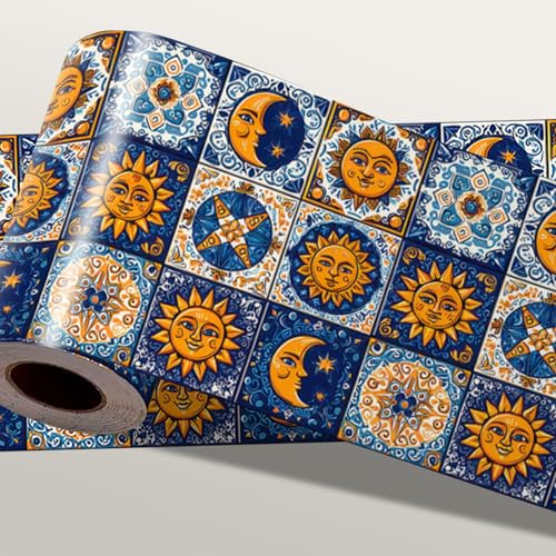 IOHEFY Spanish Tile Wallpaper Border 196x4 Inch Removable Wall Border Peel and Stick Mediterranean Ceramic Pattern Design for Kitchen Bathroom Living Room Wall Trim Decor Rustic Classic Style