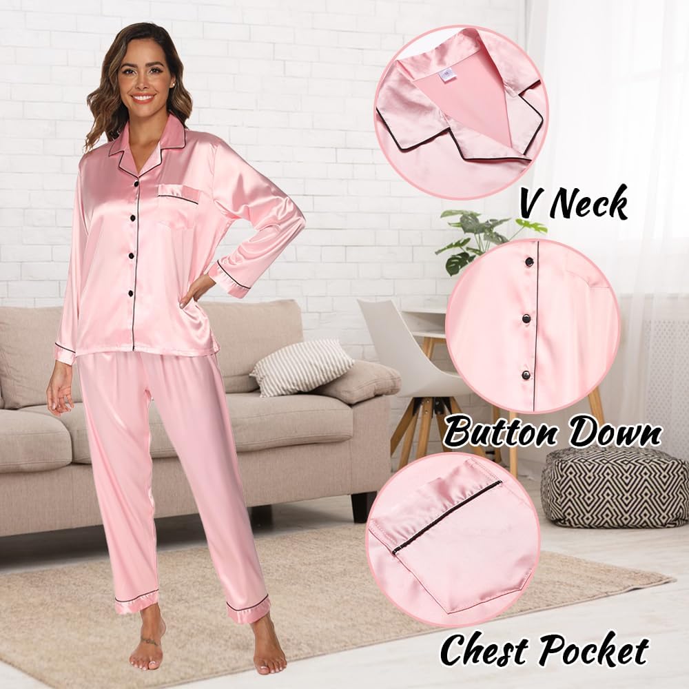 Women Silk Satin Pyjama, Women's Pyjama Sets, Loungewear Set, 2 Piece Loungewear, Button Down Ladies Pyjamas Long Sleeve Top and Pants Sleepwear for Ladies All Seasons 3 61T7wLf6P1L. AC SL1000