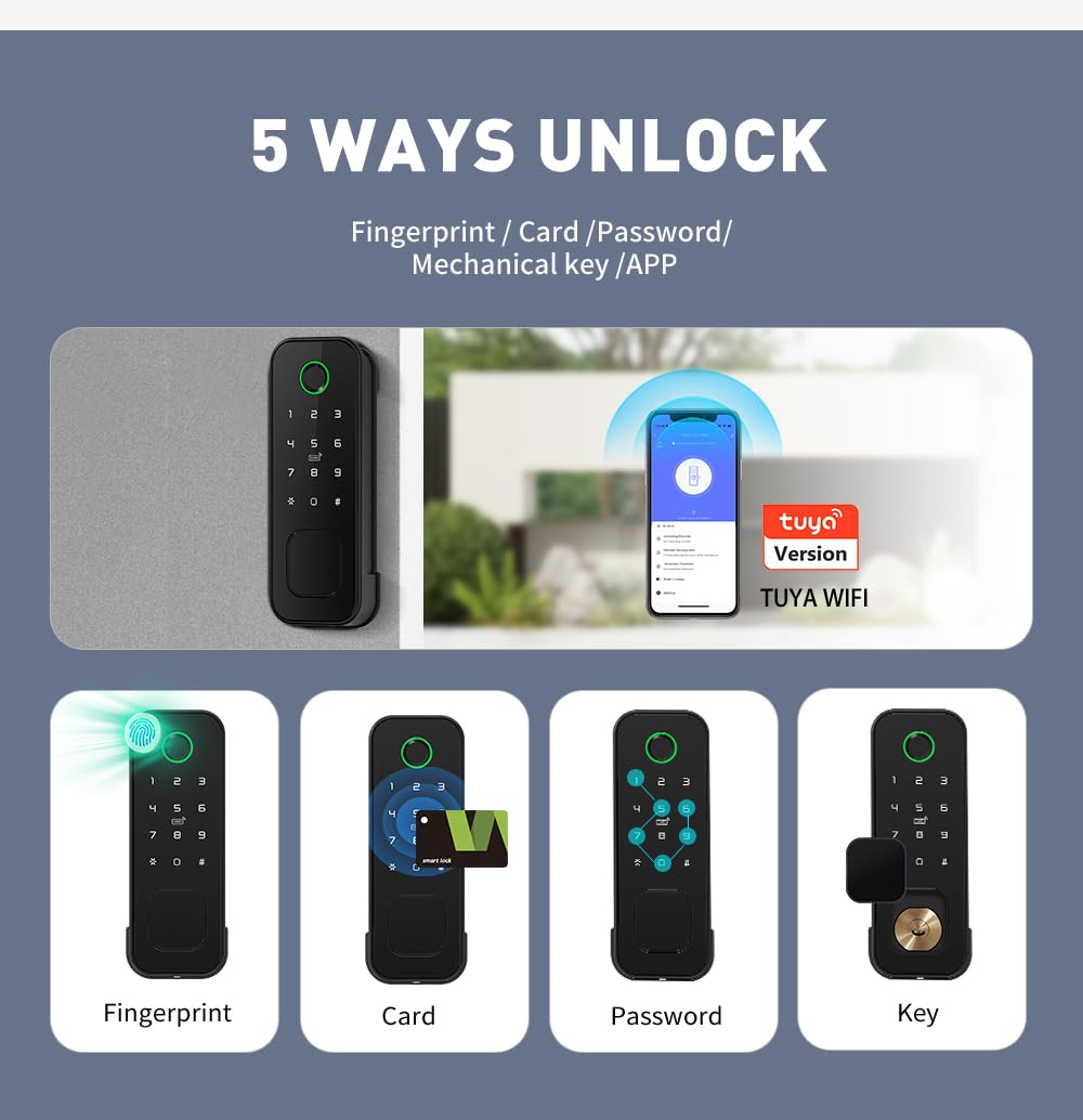 R2 Wi-Fi Tuya Smart Serratura – Entrambi i lati delle impronte digitali e della scheda IC, controllo APP, password/chiave/sblocco meccanico, per la sicurezza domestica, ufficio e hotel