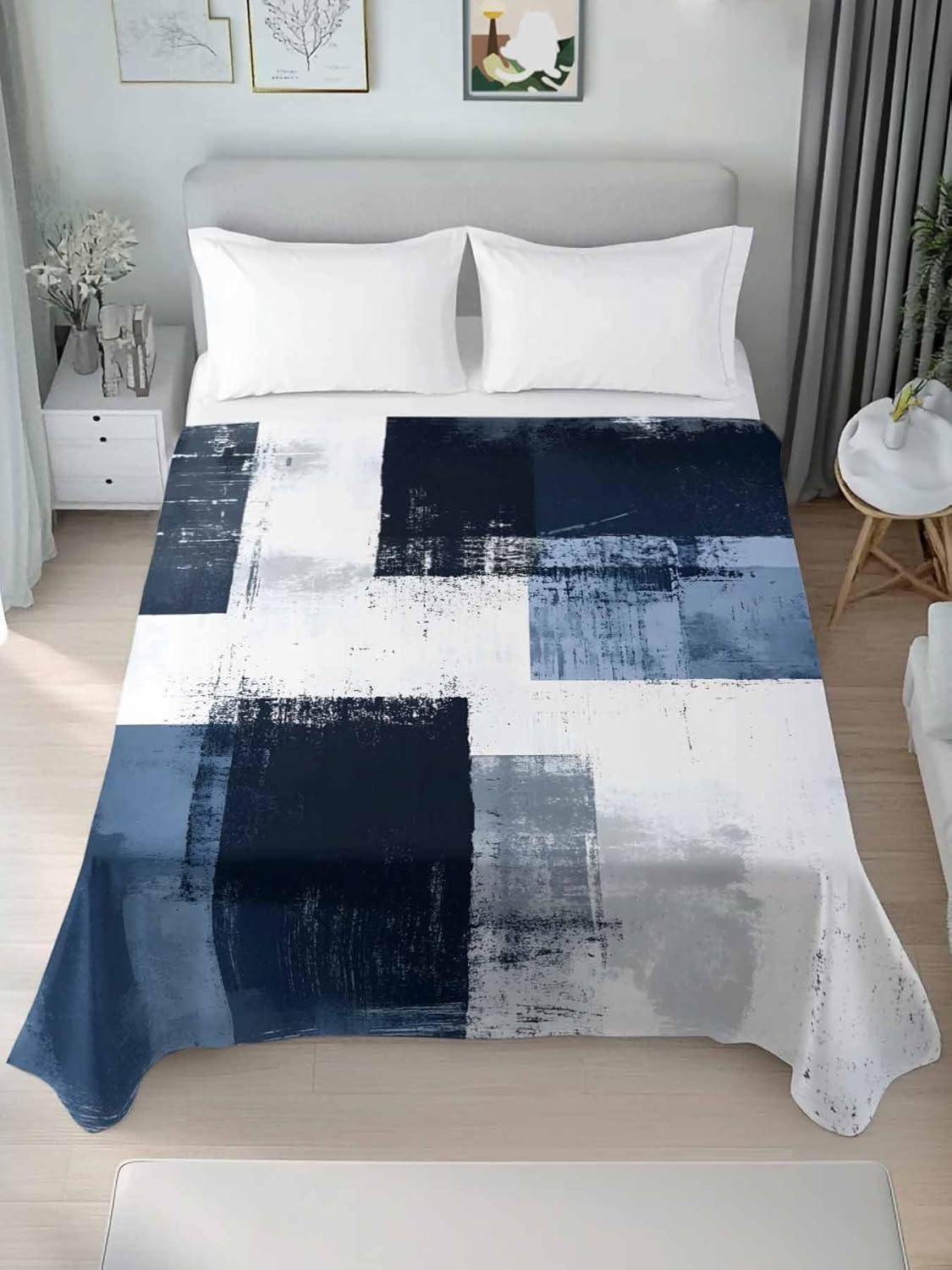 Top Sheet Full Bedding Flat Sheet Only, Modern Art Navy Blue White Color Block Microfiber Bed Sheets Soft Breathable Bedding Flat Sheets, Modern Abstract Painting Hotel Luxury Top Sheets