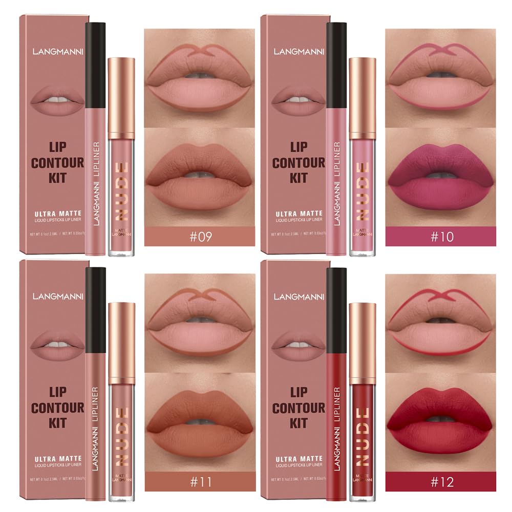LANGMANNI 4pcs Matte Lipstick with Lipliners Durable Makeup Set,Long-Lasting Non-Stick Cup Not Fade Waterproof Pigmented Velvet Lipgloss Kit Beauty Cosmetics Makeup Gift for Girls(#9101112) - Image 2