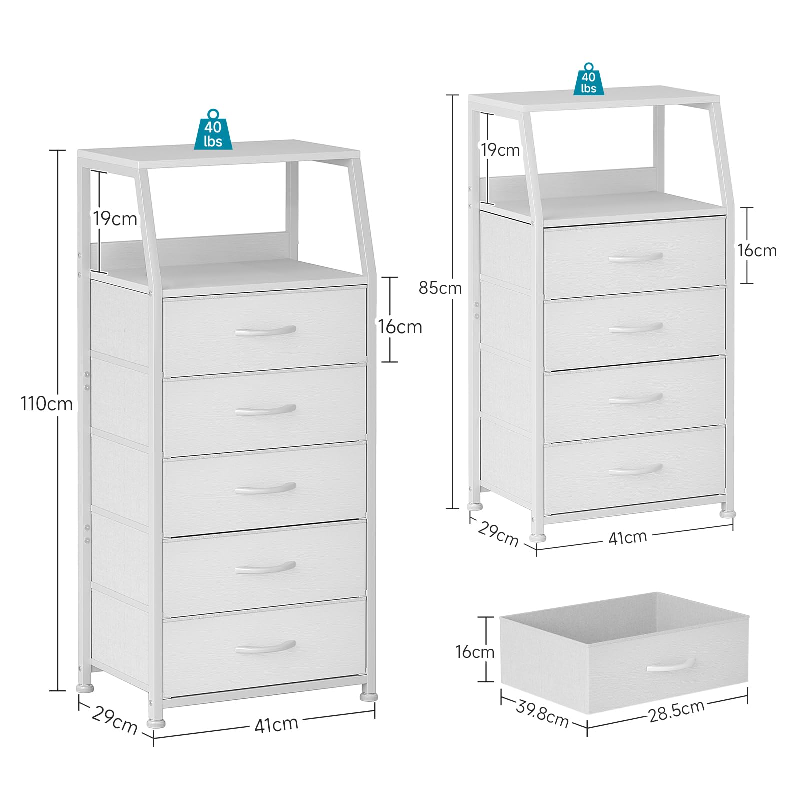 Kommode mit 5 Schubladen aus Stoff, Hoch Schmal Komodenschrank Aufbewahrungsschrank für Schlafzimmer, 2-Tier Holzplatte Stoffkommode, Industrieller Schrank für Wohnzimmer Kinderzimmer Flur, Weiß