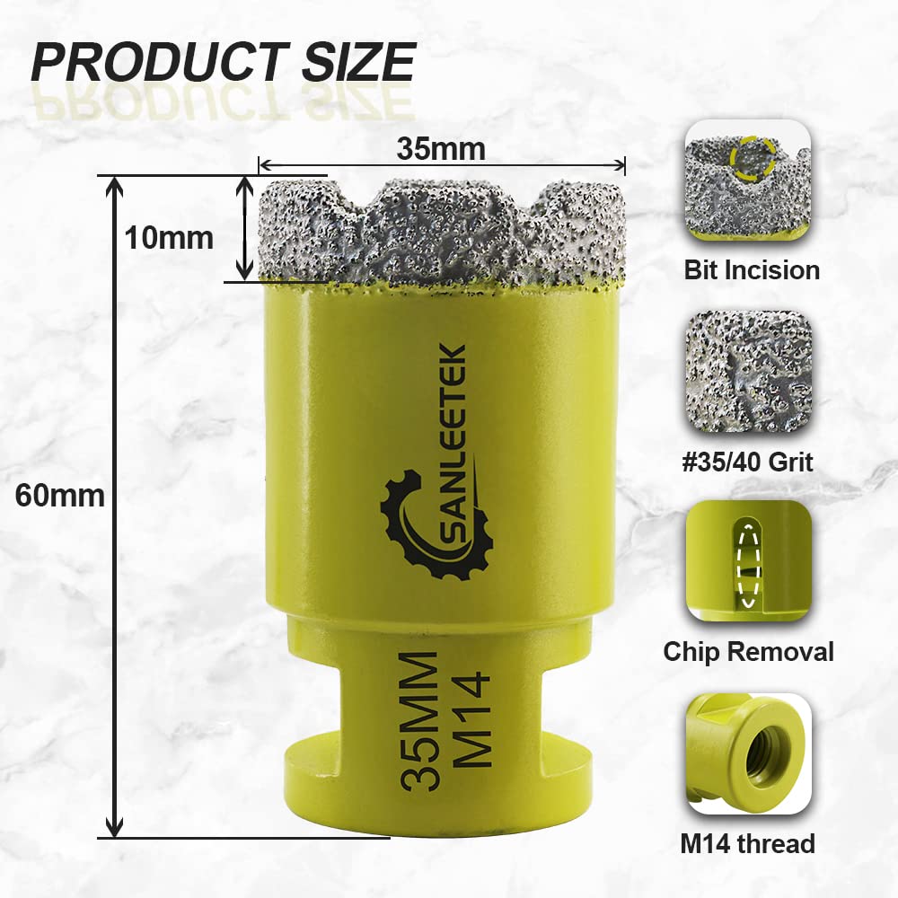 Broca de Diamante 35mm Sierra Perforadora de Diamante para Cerámica Porcelana Mármol Granito M14 Rosca SANLEETEK