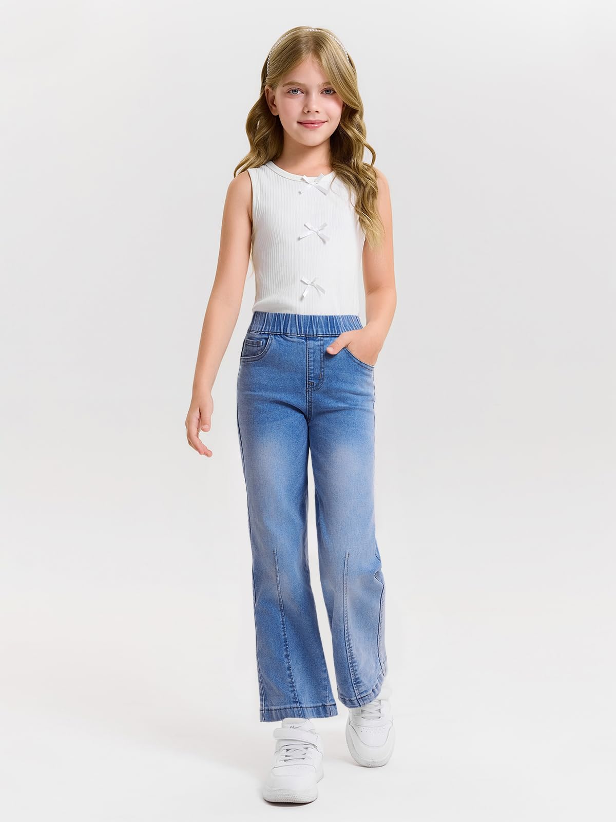 Haloumoning Jeans a gamba larga per bambine, con elastico in vita, 5-14 anni | Jeans elasticizzati e larghi con tasche