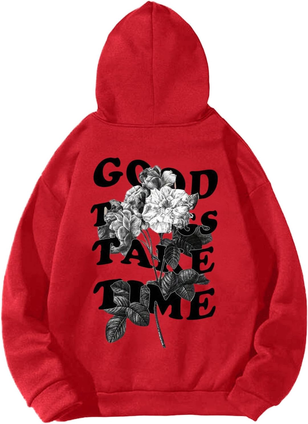 Oversized Hoodie for Men Good Things Take Time & Rose Shape Print Pullover Tops Drop Shoulder Comfy Oversize Fashion Graphic