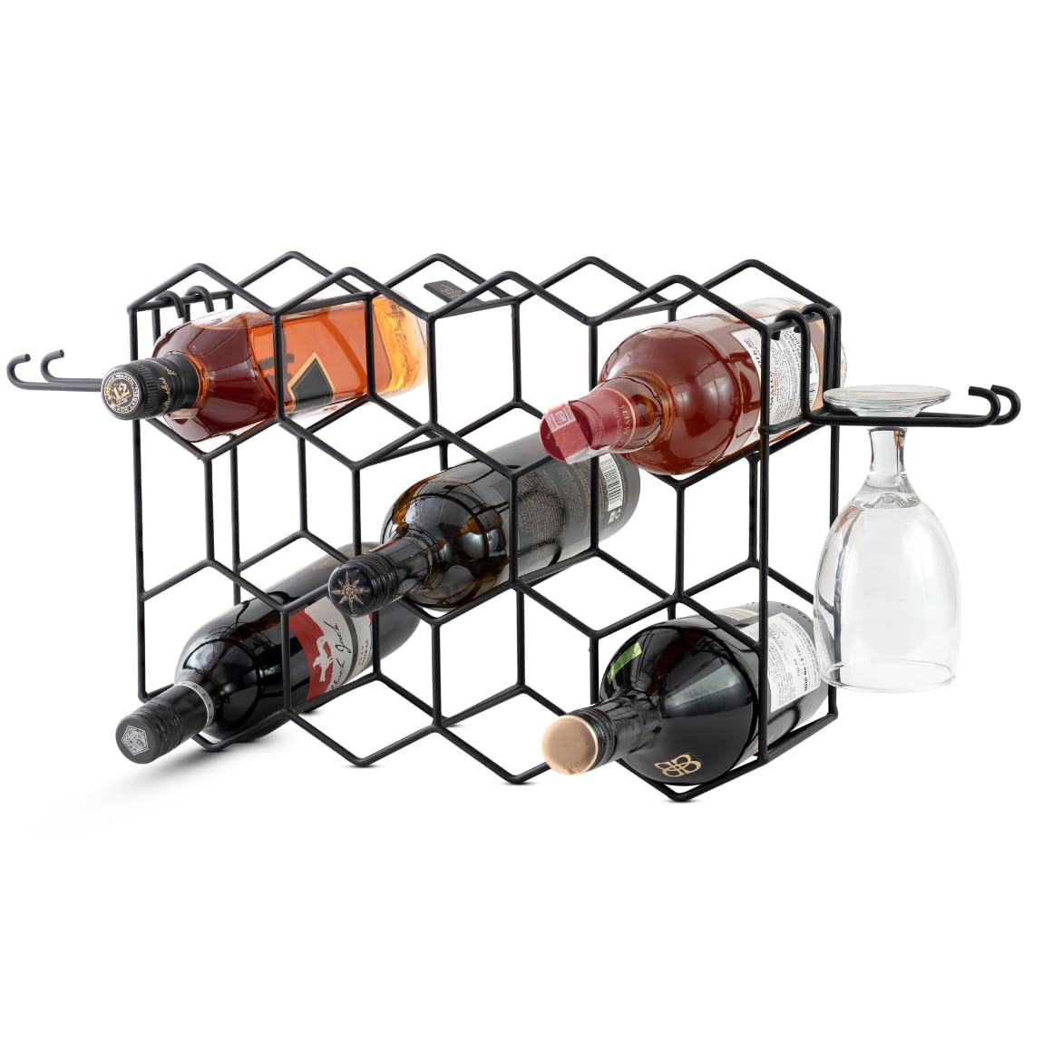 Melvvi Wine Rack Black Metal Large 15" Countertop 3-Tier Stand Holds 14 Bottles & 2 Glasses, Perfect for Kitchen & Bar – No Assembly Required