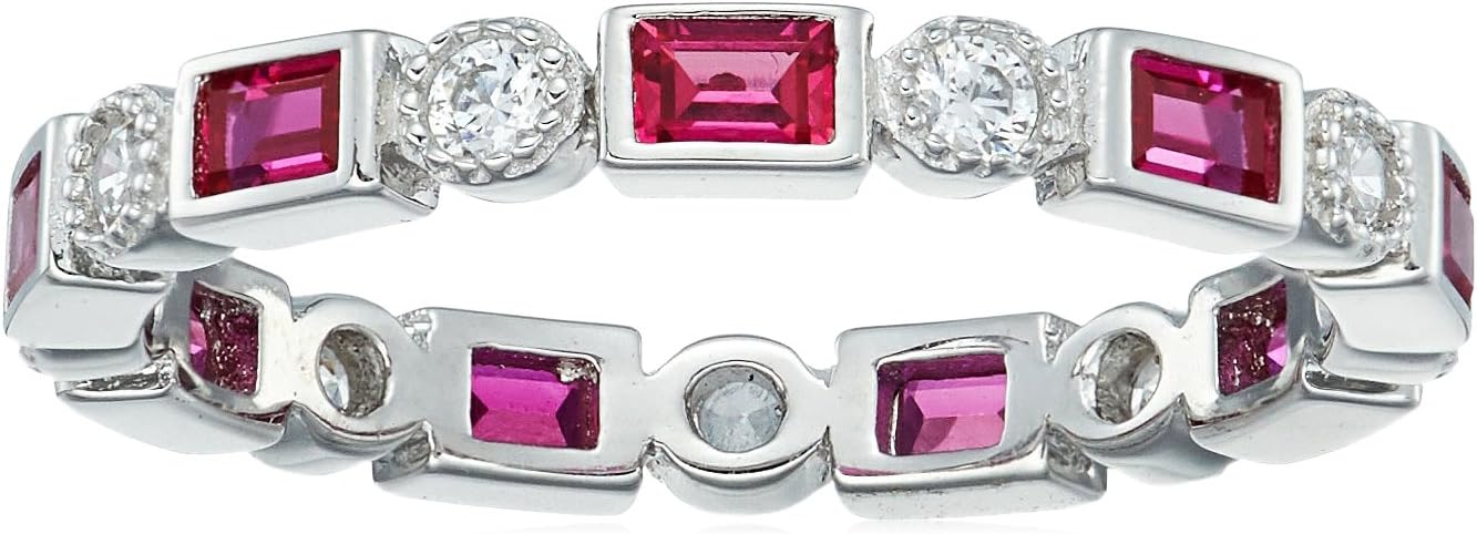 Amazon Essentials Platinum-Plated Sterling Silver Created Gem Eternity Band Ring set with Infinite Elements Cubic Zirconia Accents (previously Amazon Collection)