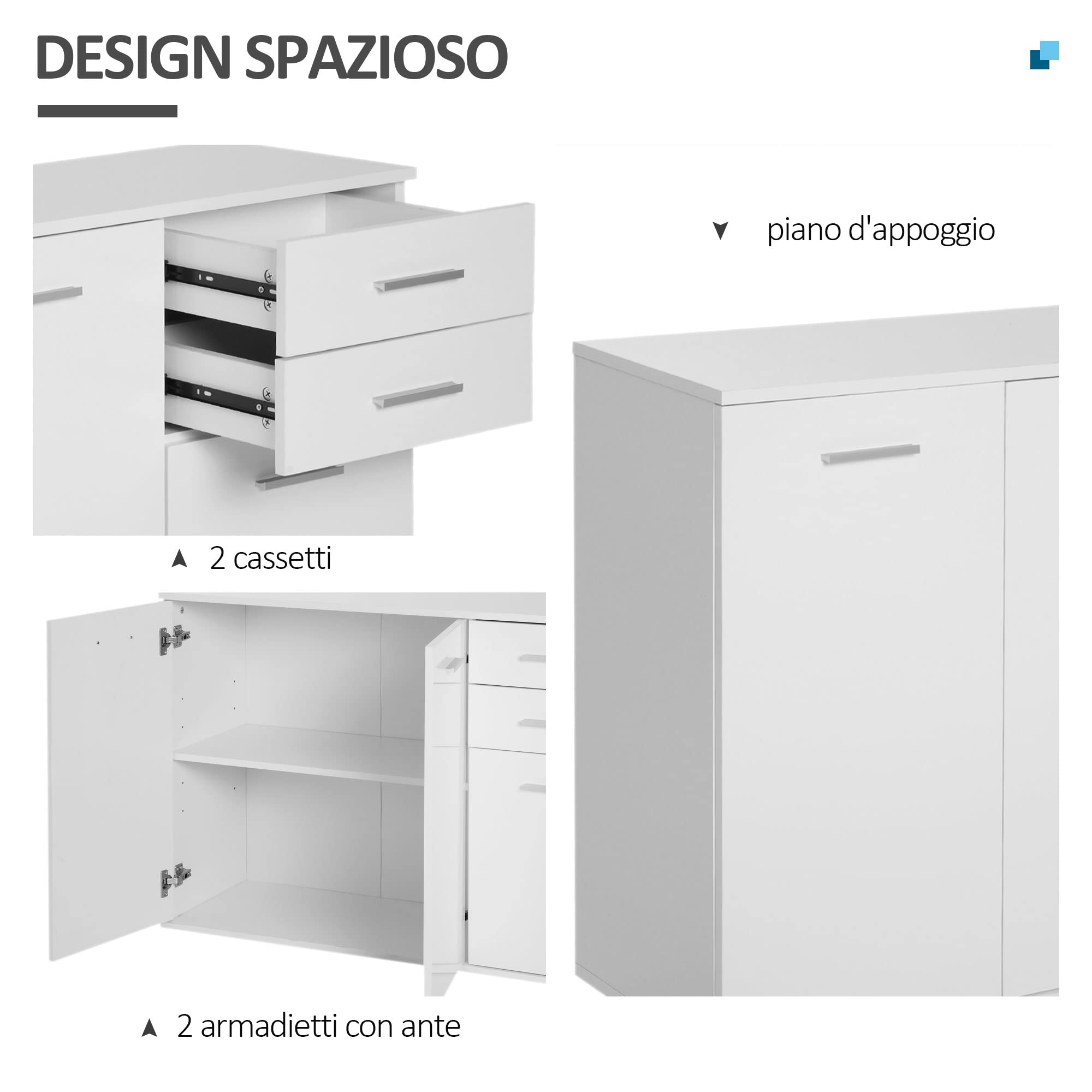 HOMCOM Armadietto da Ufficio 3 Armadietti 2 Cassetti Legno 106x35x76cm Bianco