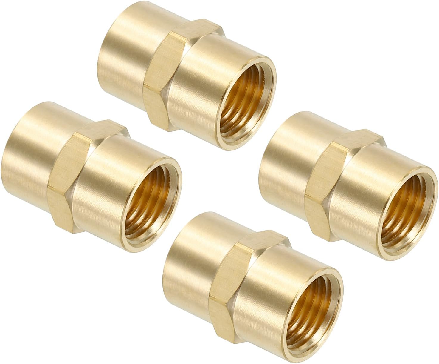PATIKIL 1/4" x 1/4" Brass NPT Coupler, 4 Pack Female Hex Head Pipe Fitting Coupling for Home Plumbing Pipes Shower Head Bases Coupling, Gold
