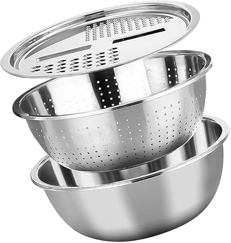 DOITOOL Rallador de acero inoxidable 3 en 1 multifunción con cesta de drenaje para rallador de cocina, rallador juliana, picador, ensaladera para el